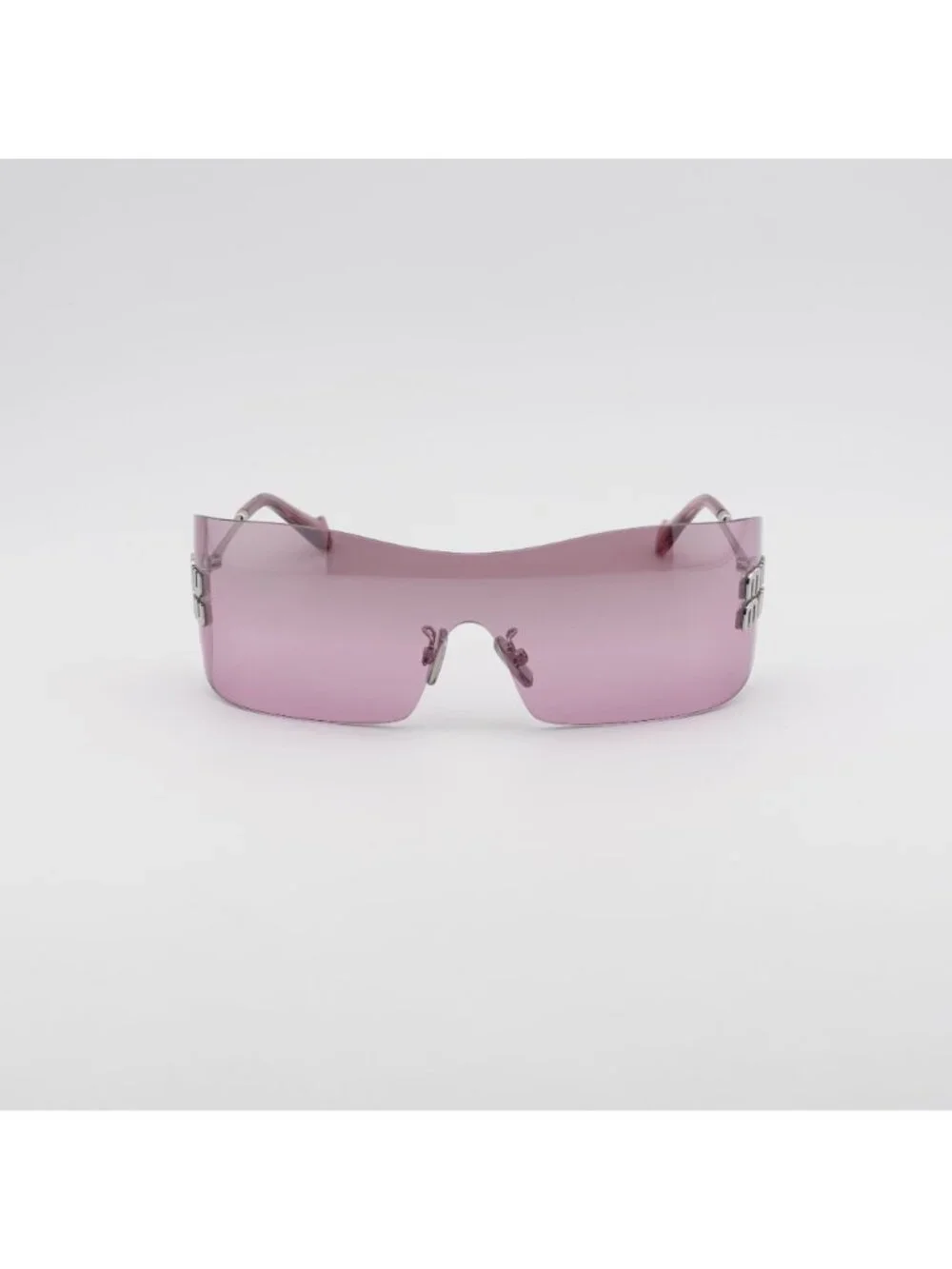 Miu Miu MUB53S 1BC70Y Sunglasses Silver Rimless Shield Frame, Pink Lenses